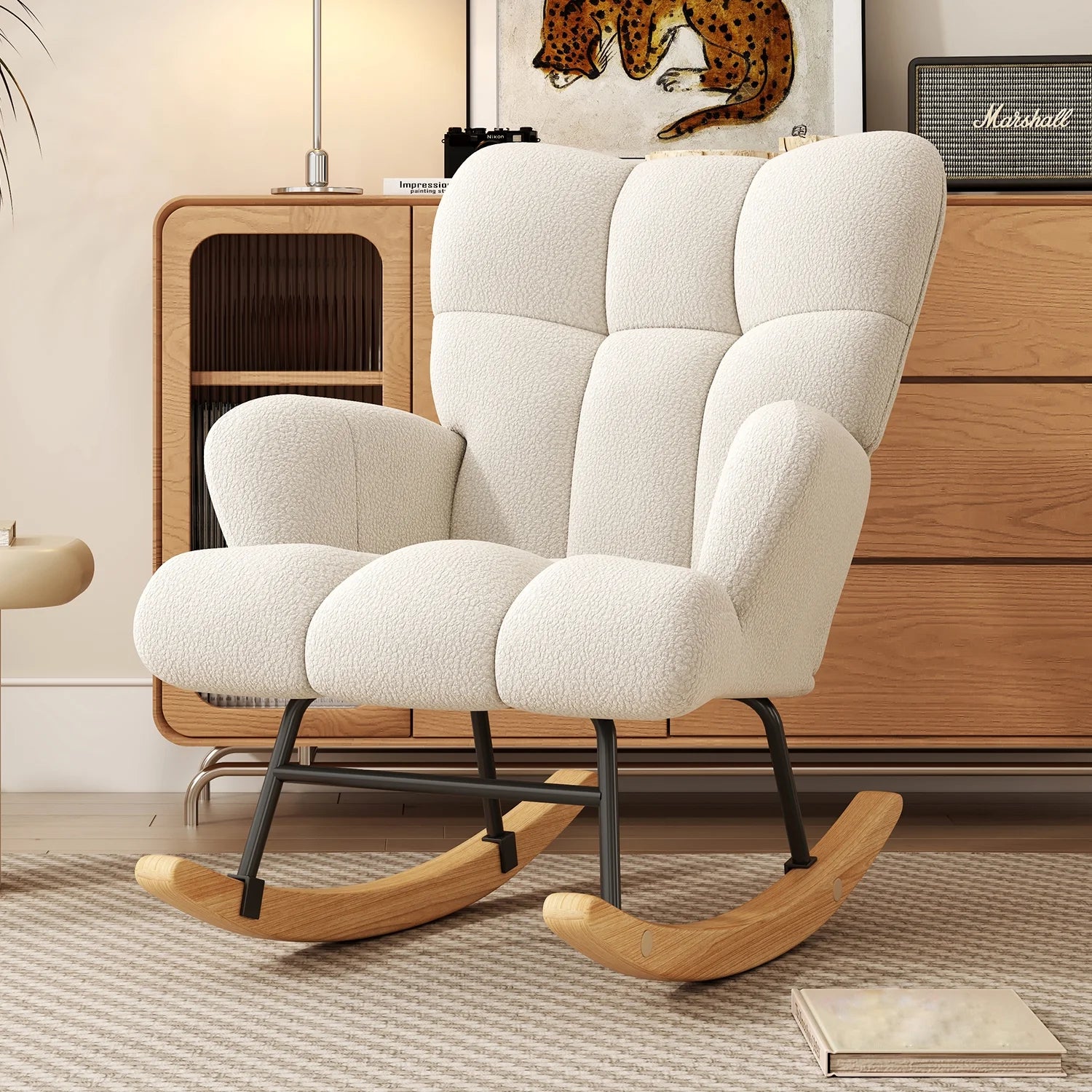 Glider Rocking Chair Nursery, Comfy Accent Chair, Armchair with High Backrest, Teddy Soft Upholstered, For Living Room, Bedroom, Home Office