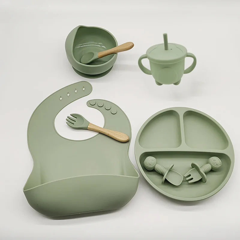  Silicone 6/8-Piece Baby Feeding Set, dining set, portable, BPA-free, Phthalate-free, and PVC-free, Dishwasher safe