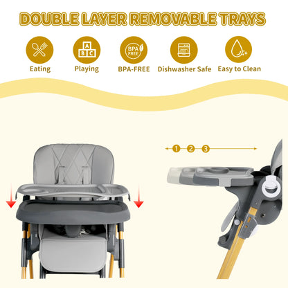 Foldable High Chair for Baby, Toddler Eating Chair with Detachable Double Trays, Grey