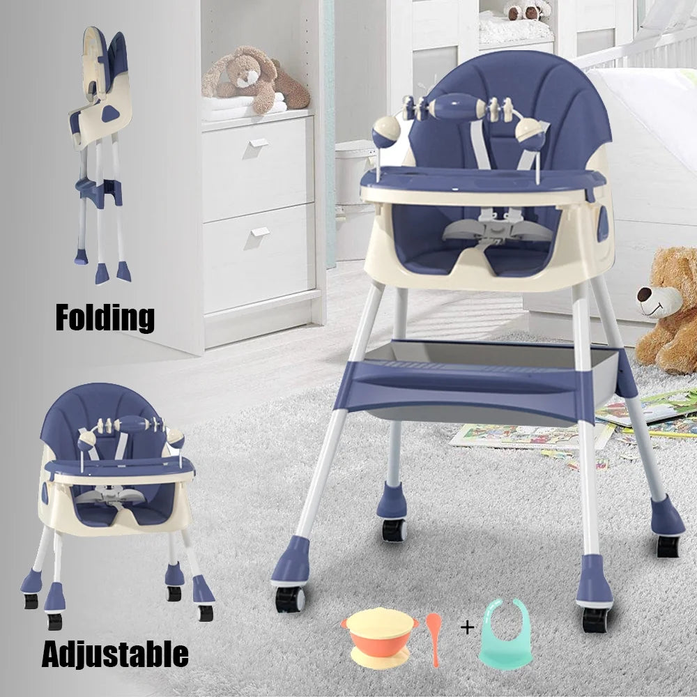 4-In-1 Baby Highchair Adjustable Kid Dining Chairs Eat & Grow Convertible Chair with Five-Point Snap Button, Double-Layer Dinner Plate, Blue