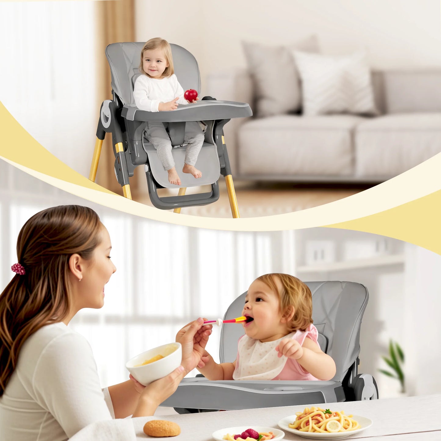 Foldable High Chair for Baby, Toddler Eating Chair with Detachable Double Trays, Grey