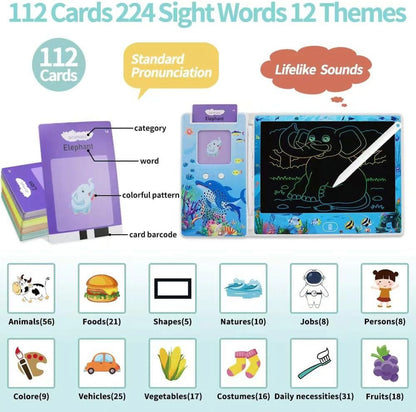 Talking Flash Cards for Toddlers 2+ Years, 112 Flash Cards 224 Sight Words Speech Therapy Toys with LCD Writing Tablet, Talking Doodle Board Educational Learning Toys Gifts, School Supplies