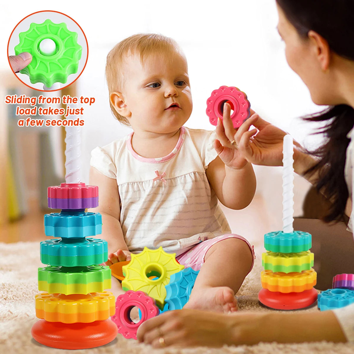 Rotating Rainbow Tower Toy: Stacking Fun for Kids