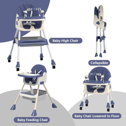 4-In-1 Baby Highchair Adjustable Kid Dining Chairs Eat & Grow Convertible Chair with Five-Point Snap Button, Double-Layer Dinner Plate, Blue