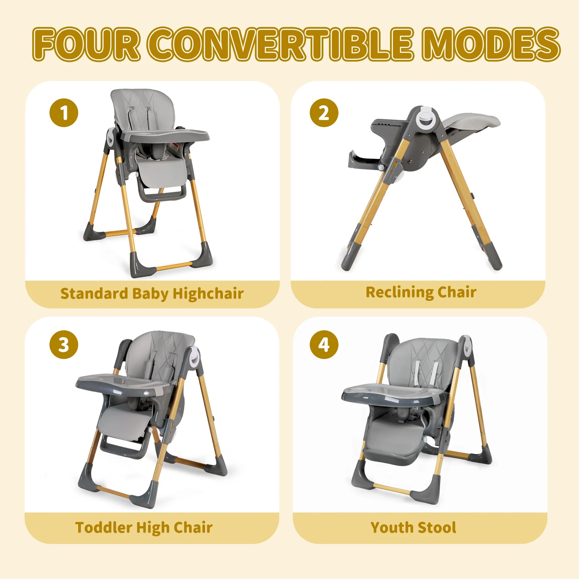 Foldable High Chair for Baby, Toddler Eating Chair with Detachable Double Trays, Grey