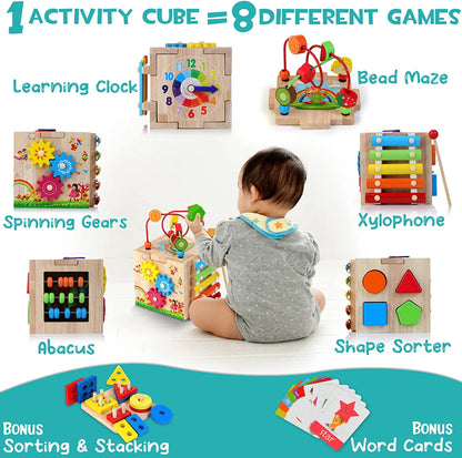 8-in-1 Wooden Activity Cube: Montessori Busy Toy for Kids 12+ Months – Perfect Learning Gift Set!ddlers