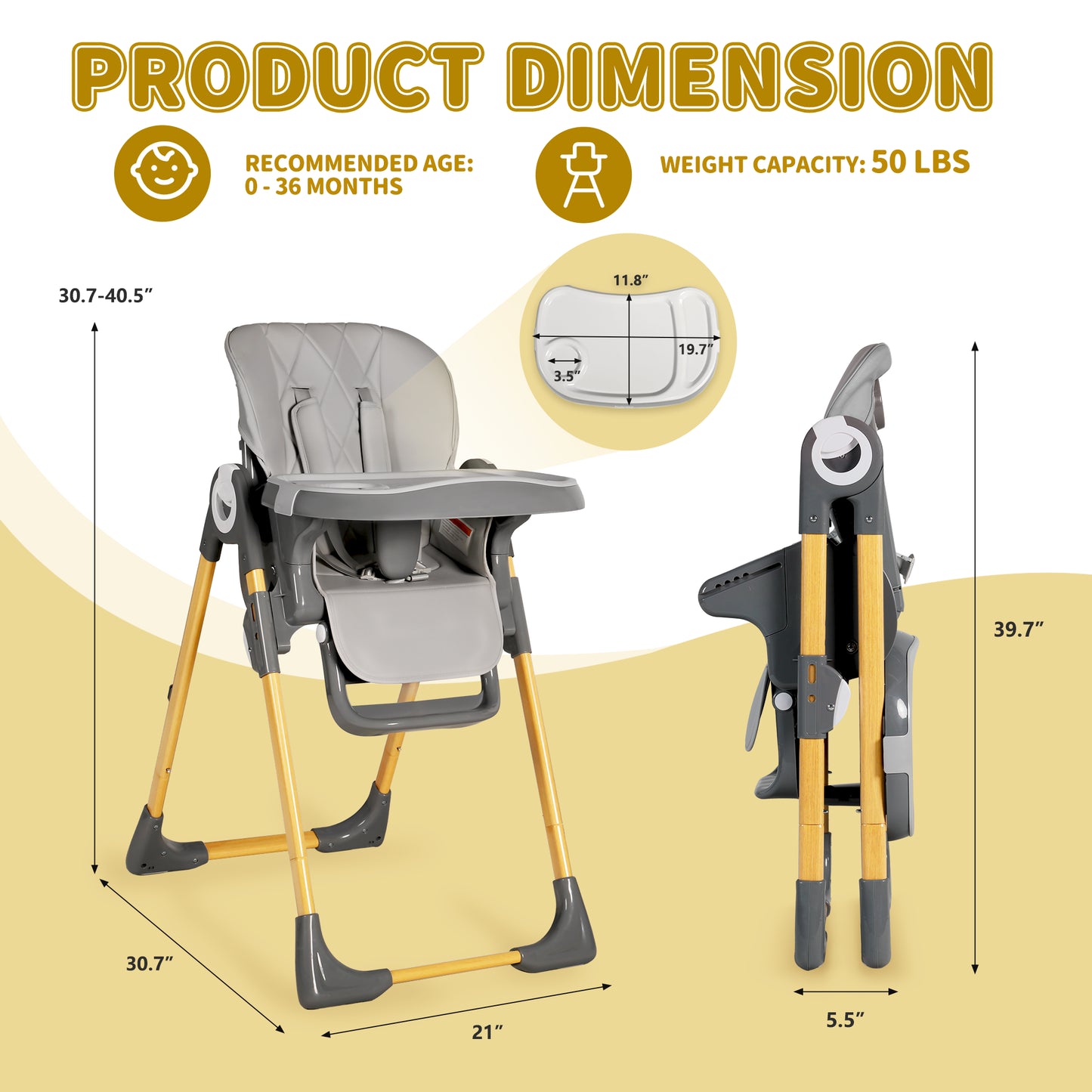 Foldable High Chair for Baby, Toddler Eating Chair with Detachable Double Trays, Grey