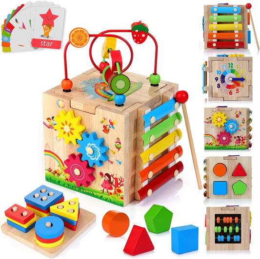 8-in-1 Wooden Activity Cube: Montessori Busy Toy for Kids 12+ Months – Perfect Learning Gift Set!ddlers