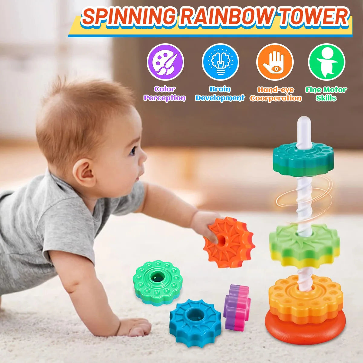 Rotating Rainbow Tower Toy: Stacking Fun for Kids