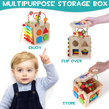 8-in-1 Wooden Activity Cube: Montessori Busy Toy for Kids 12+ Months – Perfect Learning Gift Set!ddlers