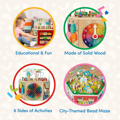 Curiocity 7-Sided Wooden Activity Center with Bead Maze - Engaging Baby & Toddler Toy