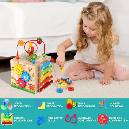 8-in-1 Wooden Activity Cube: Montessori Busy Toy for Kids 12+ Months – Perfect Learning Gift Set!ddlers