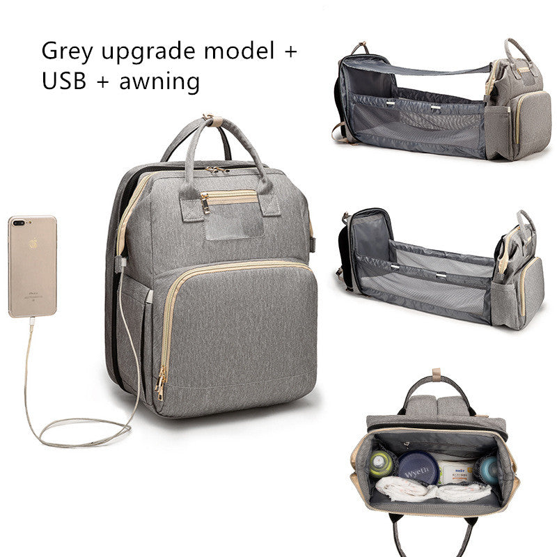 Diaper Bag Bed Backpack with USB Charging: Foldable, Large Capacity, Multi-Functional/Perfect Baby shower Gift