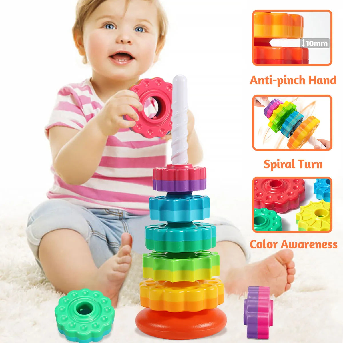 Rotating Rainbow Tower Toy: Stacking Fun for Kids