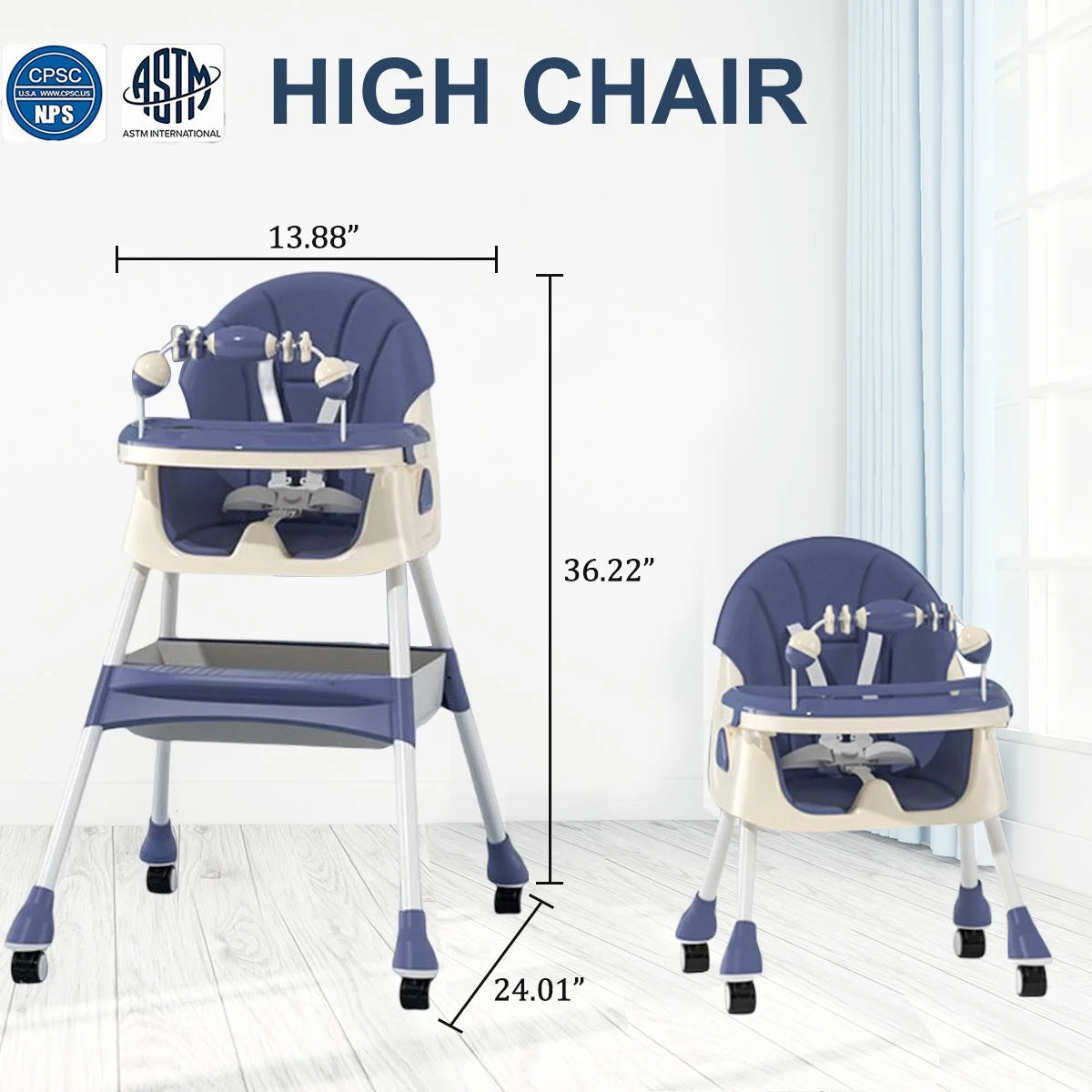 4-In-1 Baby Highchair Adjustable Kid Dining Chairs Eat & Grow Convertible Chair with Five-Point Snap Button, Double-Layer Dinner Plate, Blue