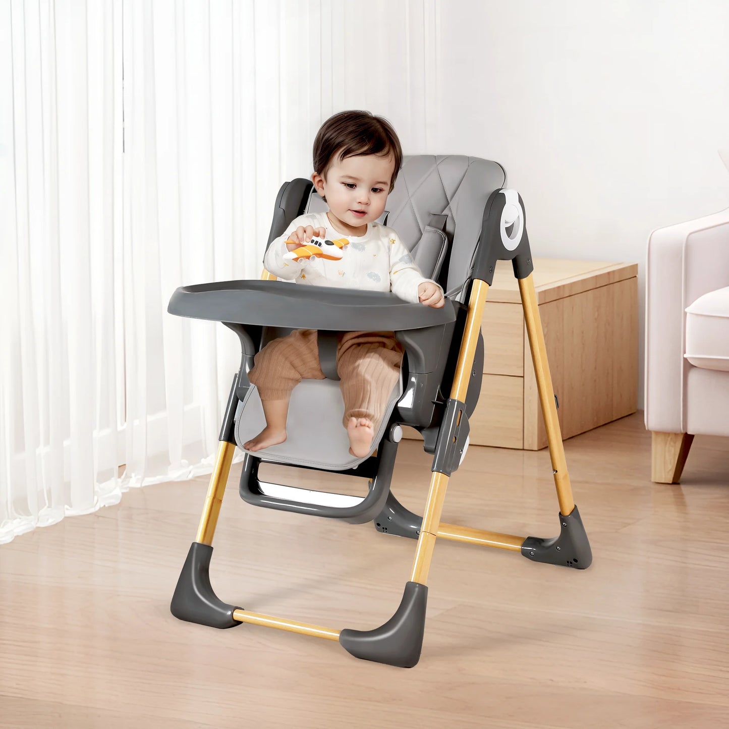 Foldable High Chair for Baby, Toddler Eating Chair with Detachable Double Trays, Grey