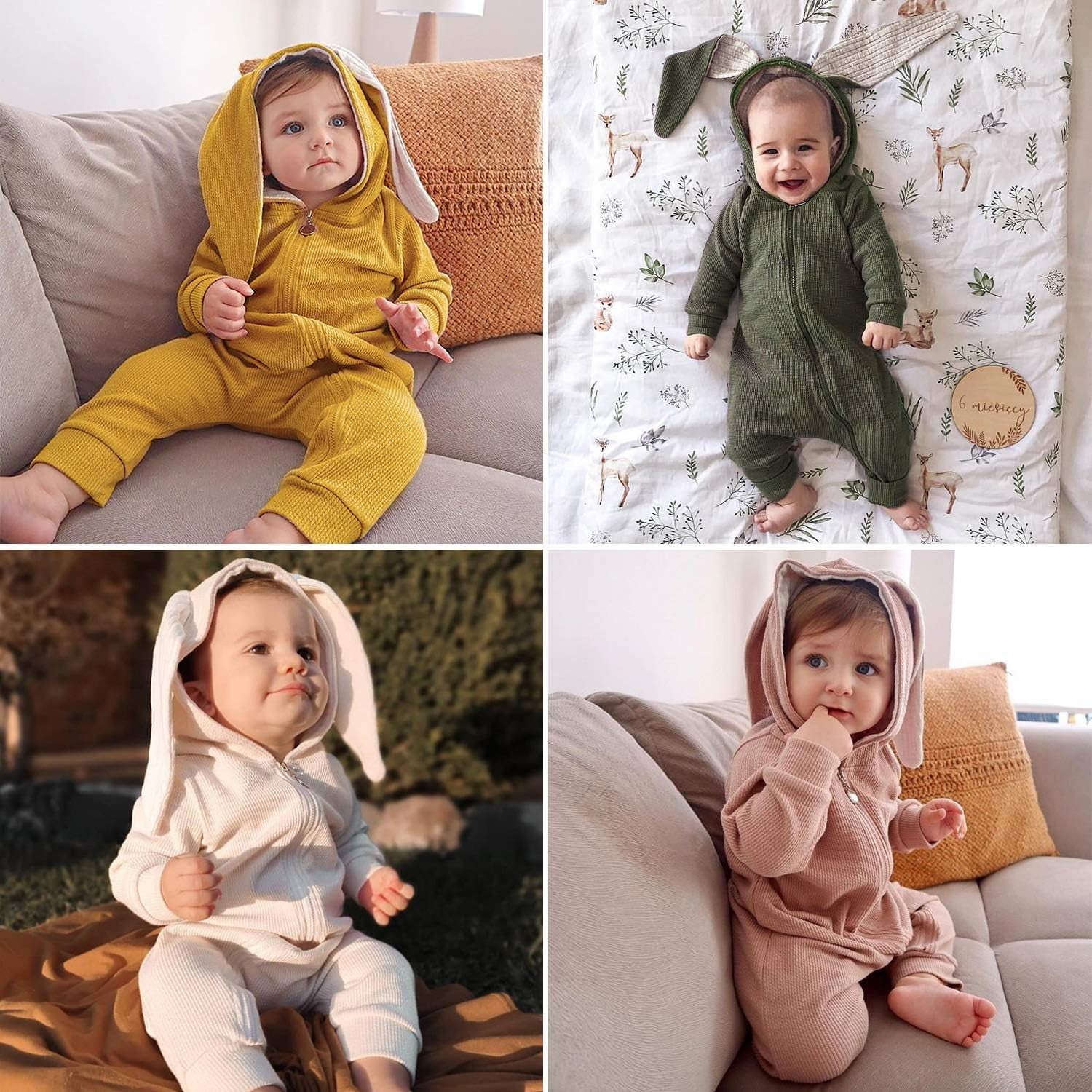 Animal Bunny Baby Easter Romper Long Ear Rabbit Hoodie Romper Jumpsuit with Zipper