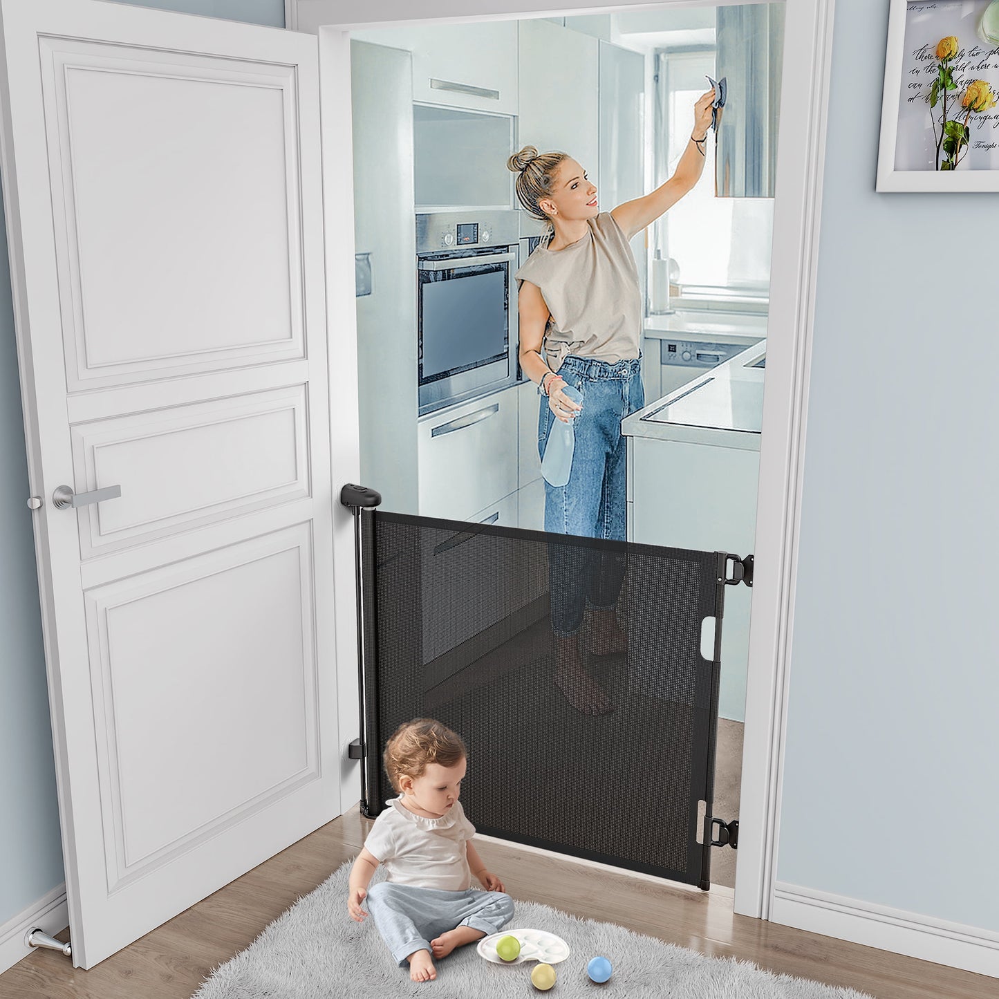 Retractable Baby Gate: Extra Wide 59” x 33” for Stairs, Doorways & Hallways – Perfect for Kids & Pets!"