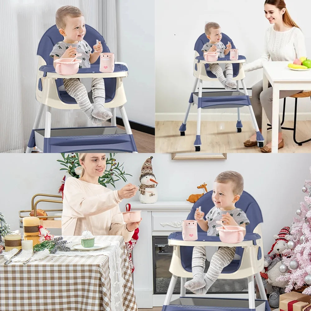 4-In-1 Baby Highchair Adjustable Kid Dining Chairs Eat & Grow Convertible Chair with Five-Point Snap Button, Double-Layer Dinner Plate, Blue