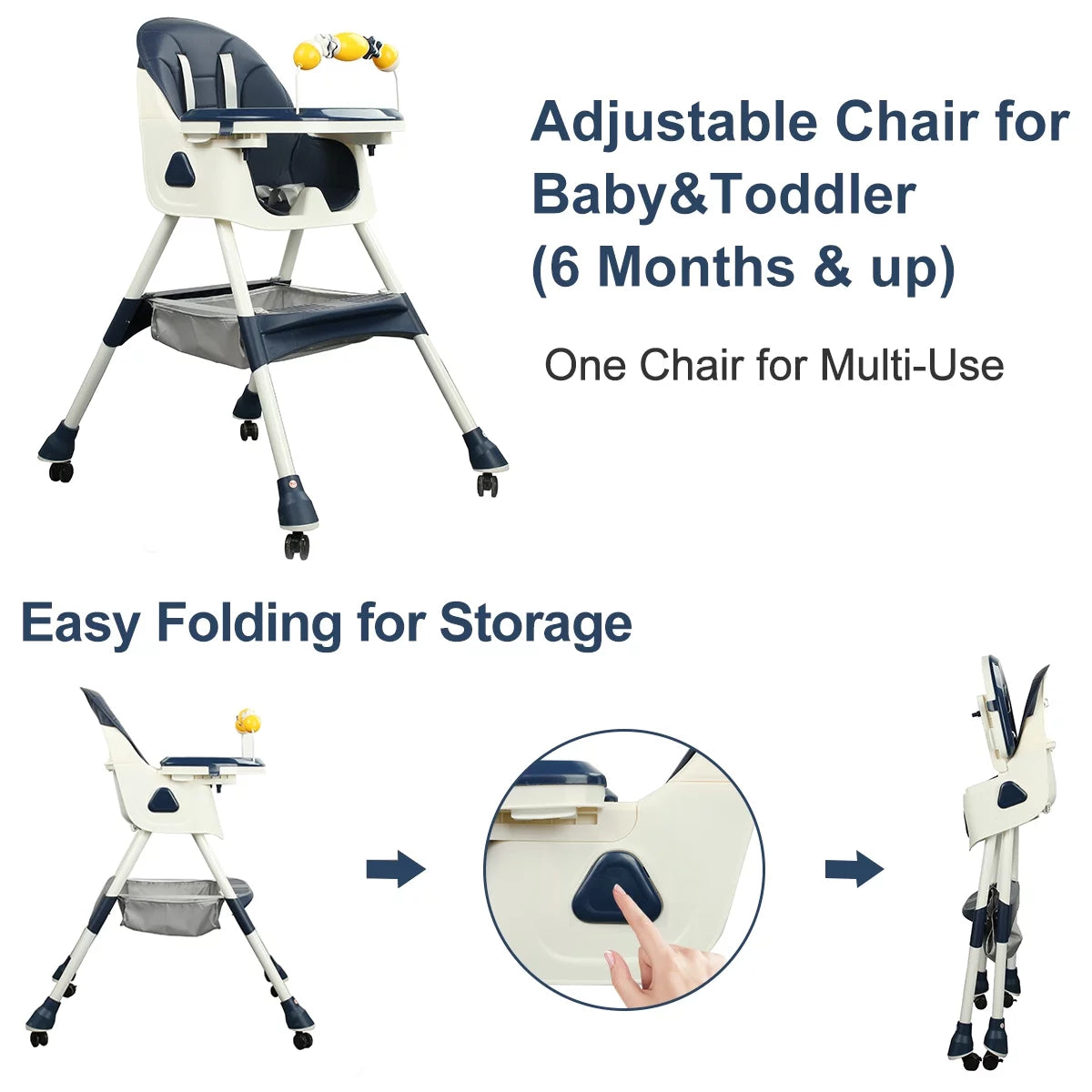 4-In-1 Baby Highchair Adjustable Kid Dining Chairs Eat & Grow Convertible Chair with Five-Point Snap Button, Double-Layer Dinner Plate, Blue